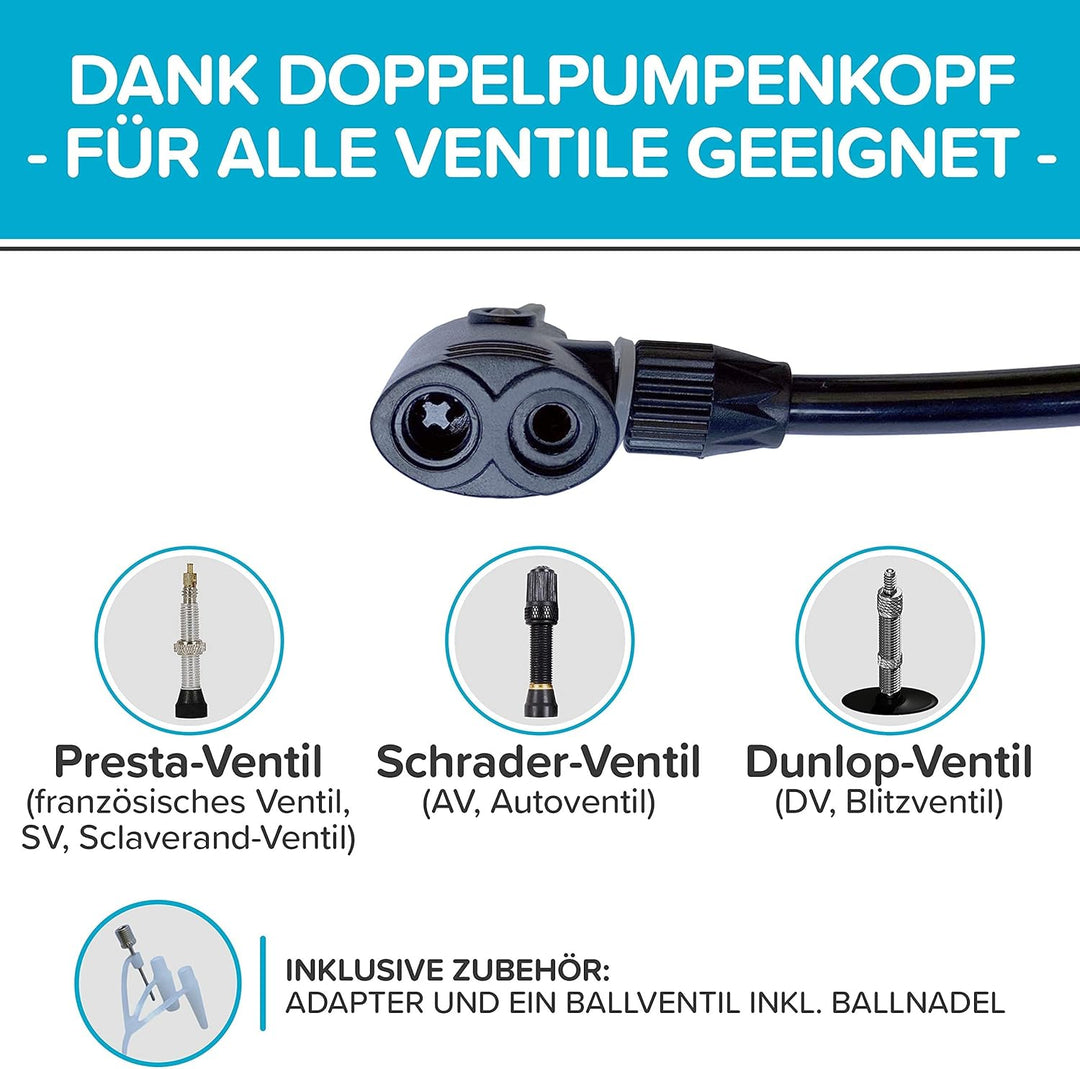 Fusspumpe mit Doppelzylinder und Manometer Test SEHR GUT - Fusspumpe für alle Ventile (Fahrradpumpe,