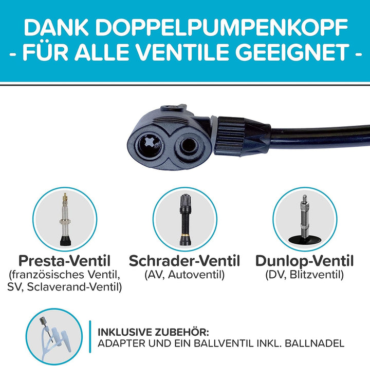 Fusspumpe mit Doppelzylinder und Manometer Test SEHR GUT - Fusspumpe für alle Ventile (Fahrradpumpe,