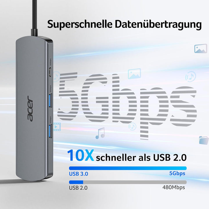acer USB C HUB Ethernet, mit 4K@60Hz HDMI, 1000Mbps Lan, 1*USB-C + 2*USB-A 5Gbps, Typ-C 100W PD, Mul