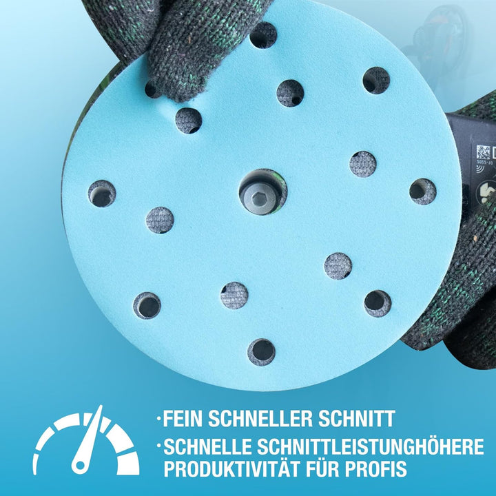 Schleifpapier 150mm Klettverschluss Blau 15 Loch 120 Körnung 50 Stück Keramik geeignet für Metall un
