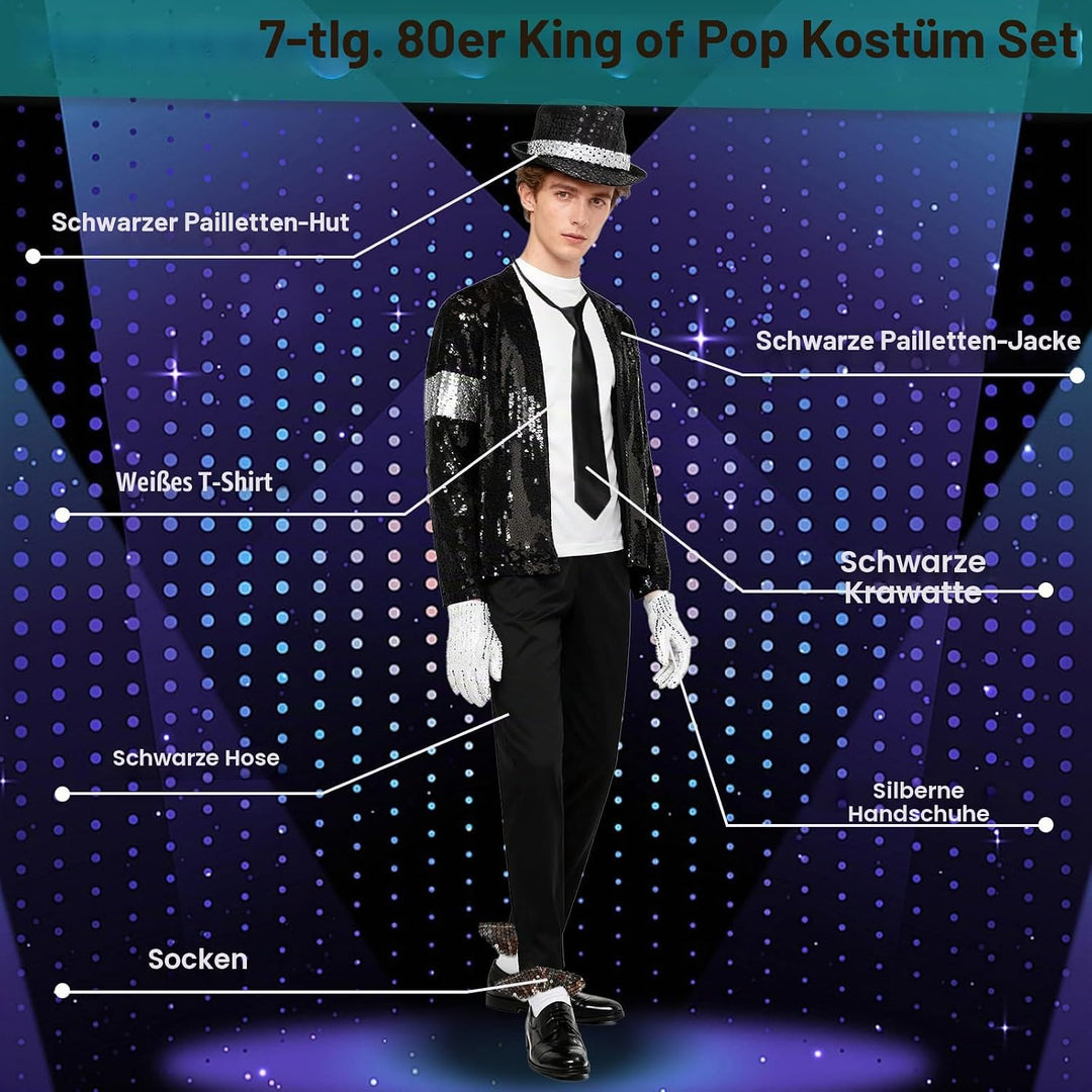 Erwachsenenkostüm King of Pop, 80er Jahre Tänzerin Rocker Star Cosplay Verkleidung Kostüm Zubehör mi