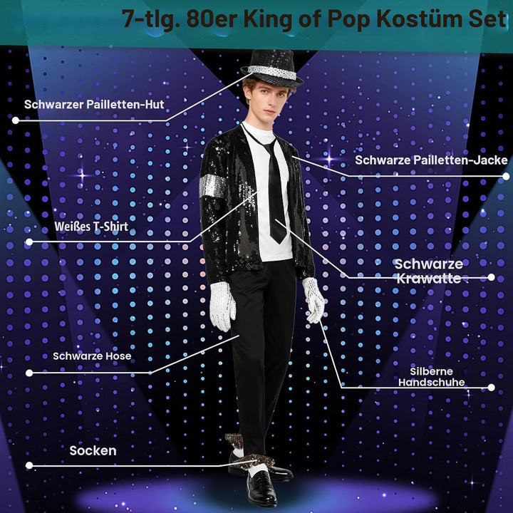 Erwachsenenkostüm King of Pop, 80er Jahre Tänzerin Rocker Star Cosplay Verkleidung Kostüm Zubehör mi