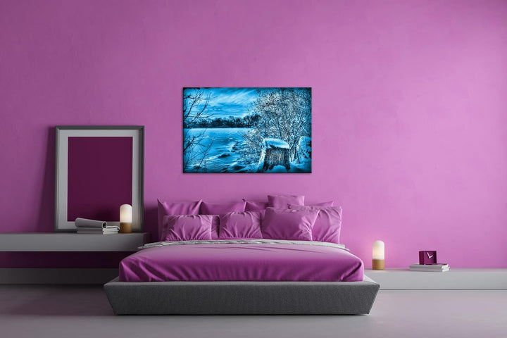 deyoli malerischer Wintertag Format 80x60 Effekt: Monocrome Blau als Leinwandbild, Motiv fertig gera