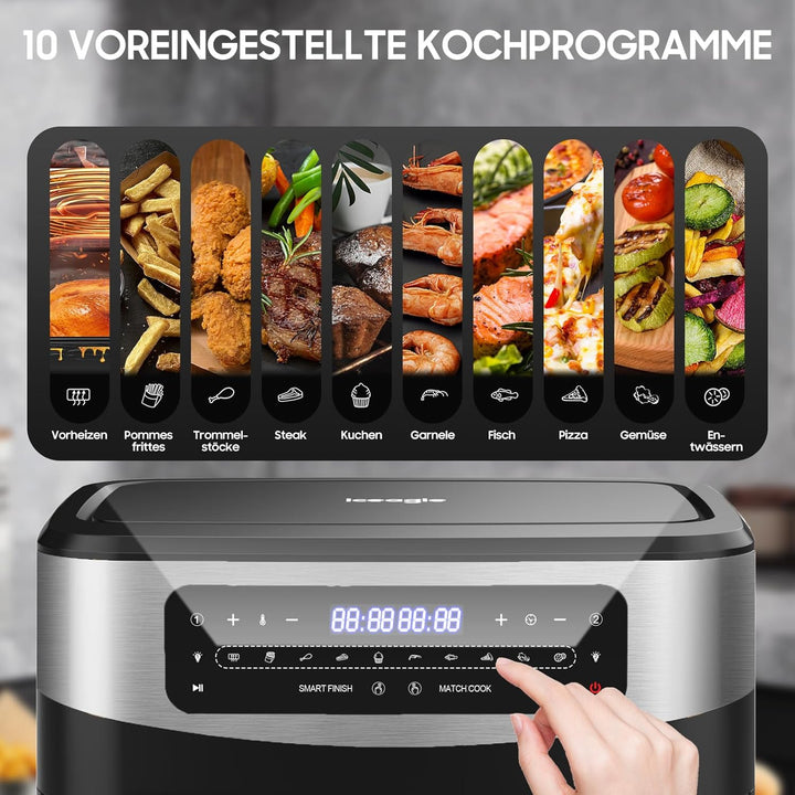 Iceagle Heissluftfritteuse 2 kammern Airfryer 12L - 2600W Heissluftfriteuse XXL mit Sichtfenster | F