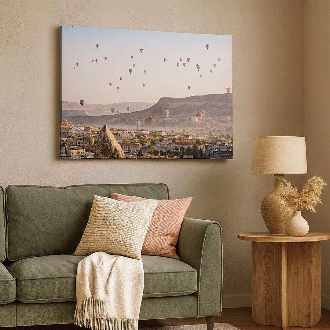 Bilder auf Leinwand 100x70cm Leinwandbild mit Rahmen Berge Ballon Flug Gross Wanddeko Bild Schlafzim