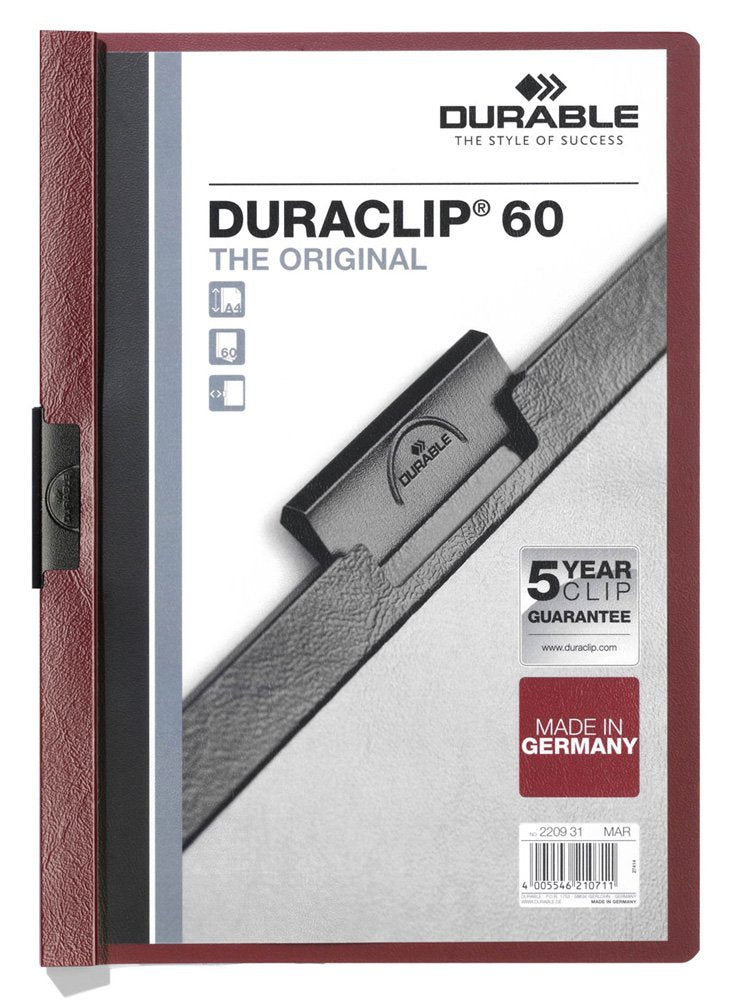 Durable Klemm-Mappe Duraclip Original 60 (für 1-60 Blatt A4), 25 Stück, aubergine/dunkelrot, 220931