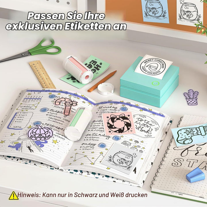 Sticker Drucker, PM290 Mini Drucker für Smartphone, Bluetooth Thermodrucker Mini mit 3 Rollen Papier