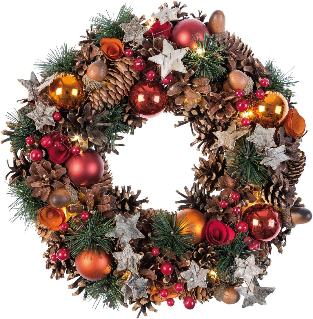 Idena 8585271 - LED Weihnachtskranz mit Lichter-Kette und 10 LED in Warmweiss, 6 Stunden Timer Funkt