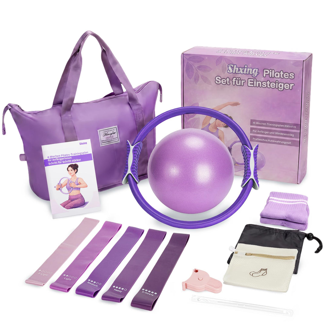 Pilates Set für Anfängerinnen, Pilates Ring Set mit Ball, 5 Widerstandsbändern, Socken, 4-Wochen-Pla