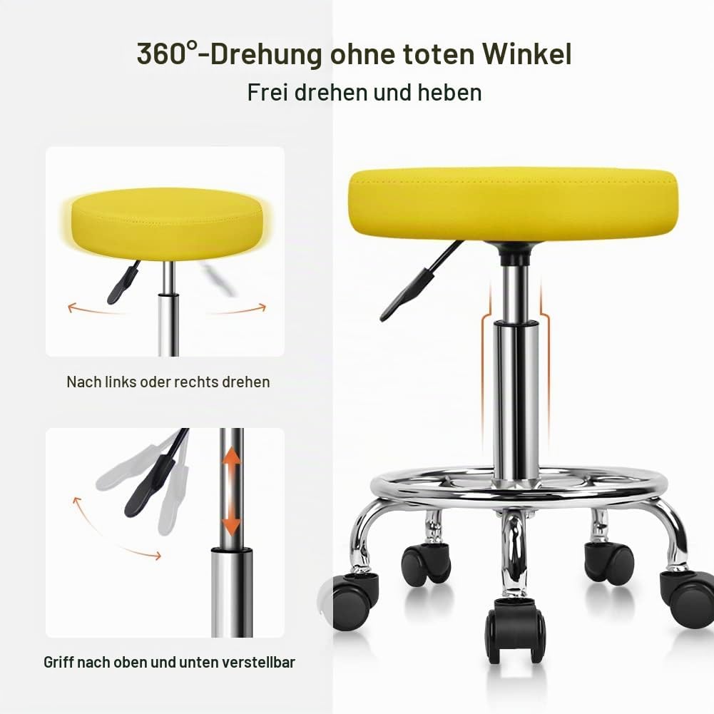 KKTONER Rollhocker höhenverstellbar drehbar Barhocker Arbeitshocker aus Kunstleder Bürohocker Gelb,