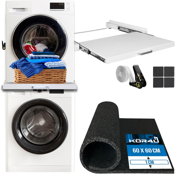 kör4u Premium Antivibrationsmatte 60x60x1cm & kör4u Zwischenbaurahmen weiss mit Ausziehplatte, Stahl