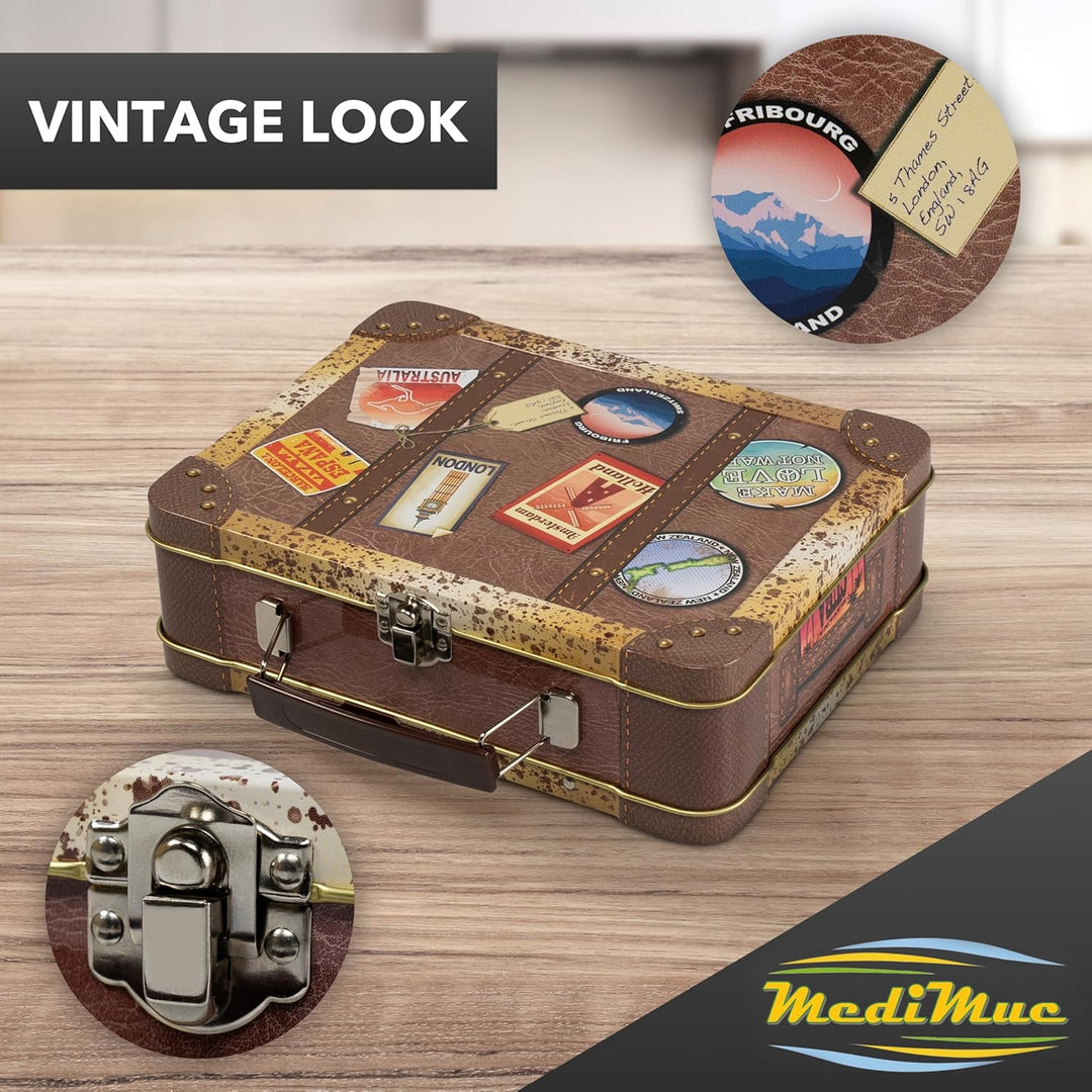 Reisekoffer Vintage - Retro Aufbewahrungsdose, Keksdose, Blechdose mit bunten Aufklebern von verschi
