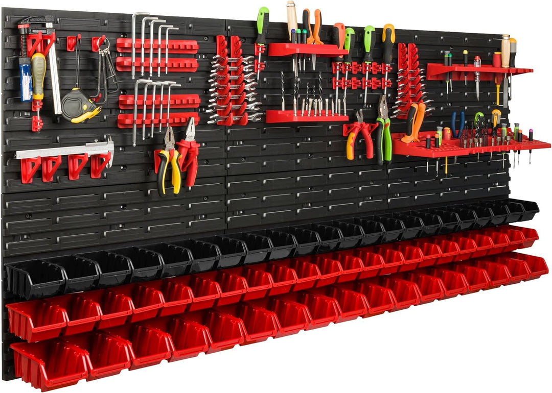 Lagersystem Werkstattregal | 172 x 78 cm | 61 stck. Box | Wandregal mit Werkzeughalterungen und Stap