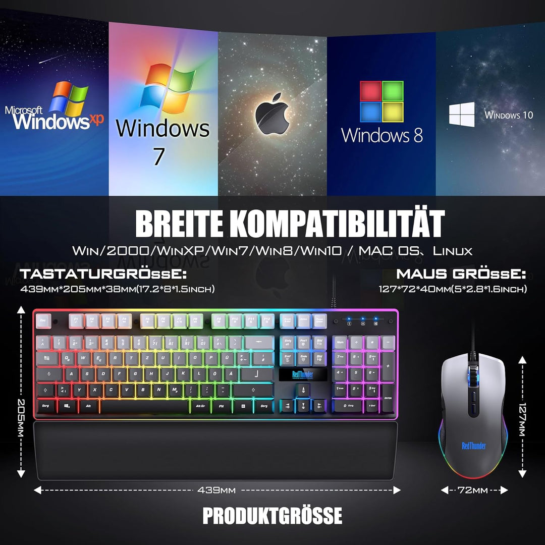 RedThunder K10 Gaming Tastatur und Maus Set, QWERTZ DE Layout, 26KRO Tastatur + 7D 7200 DPI Mause &