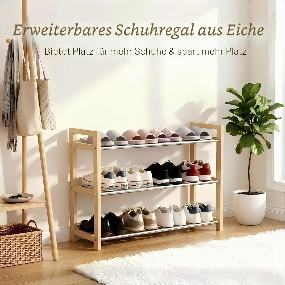 LEMIKKLE Schuhregal Holz Eiche 3-stöckig, Erweiterbar Mit Edelstahl-Elementen, Ideal Für Enge Räume,