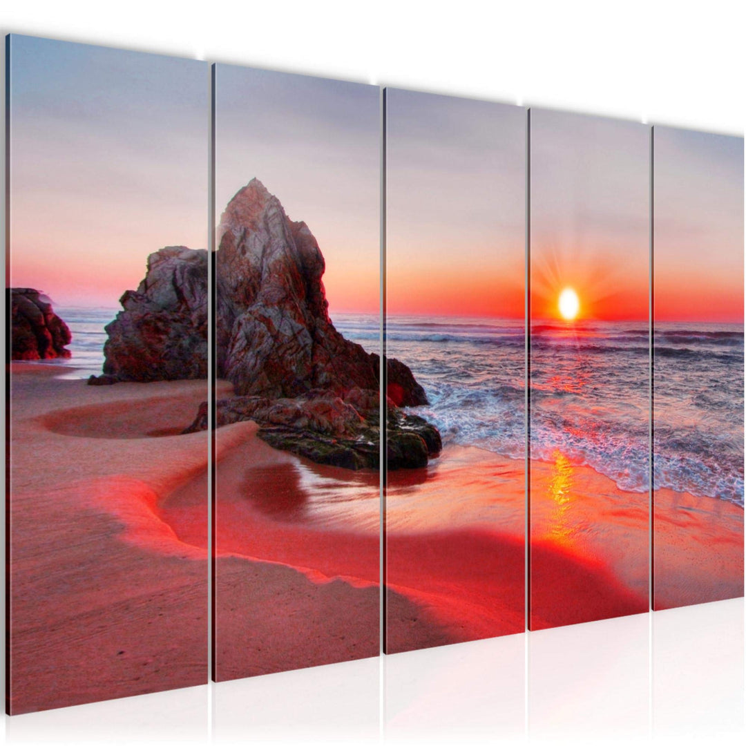Runa Art Wandbild XXL Sonnenuntergang Strand Schlafzimmer Wohnzimmer 200 x 80 cm Rot 5 Teilig - Made