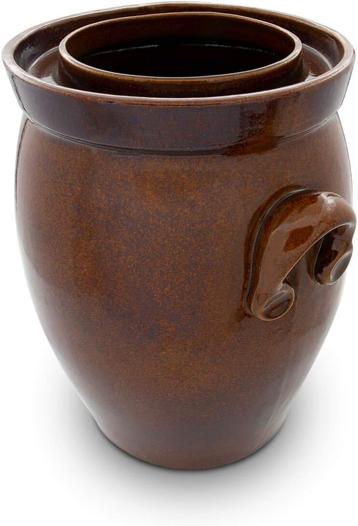 KERAZO Gärtopf 16 Liter aus Steinzeug Keramik inklusive Deckel + Stein + Anleitung [Form 2] BRAUN -