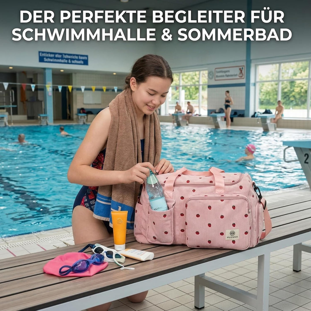 Sporttasche Kinder Reisetasche Mädchen Damen mit Schuhfach und Nassfach Cord Schwimmtasche Weekender
