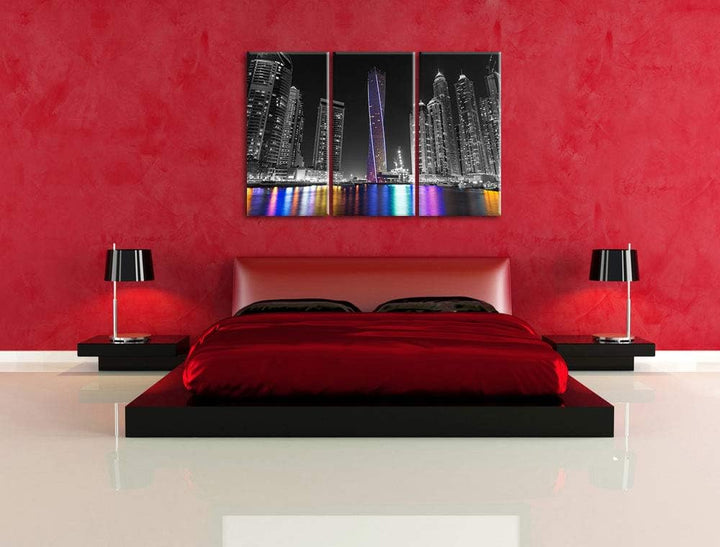 Pixxprint Skyline von Dubai bei Nacht als Leinwandbild | Grösse: 3 Teilig (120x80) | Wandbild| Kunst