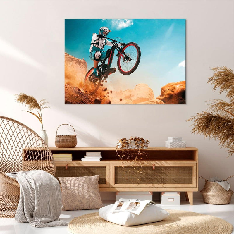 Bilder auf Leinwand 100x70cm Leinwandbild mit Rahmen Fahrrad Sport Helm Gross Wanddeko Bild Schlafzi