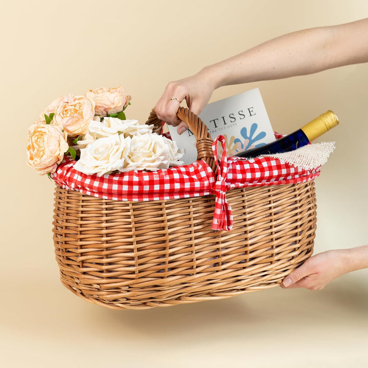Creative Home Grosser Picknickkorb mit rot karierter Stoffeinlage | Weidenkorb mit Henkel | Einkaufs