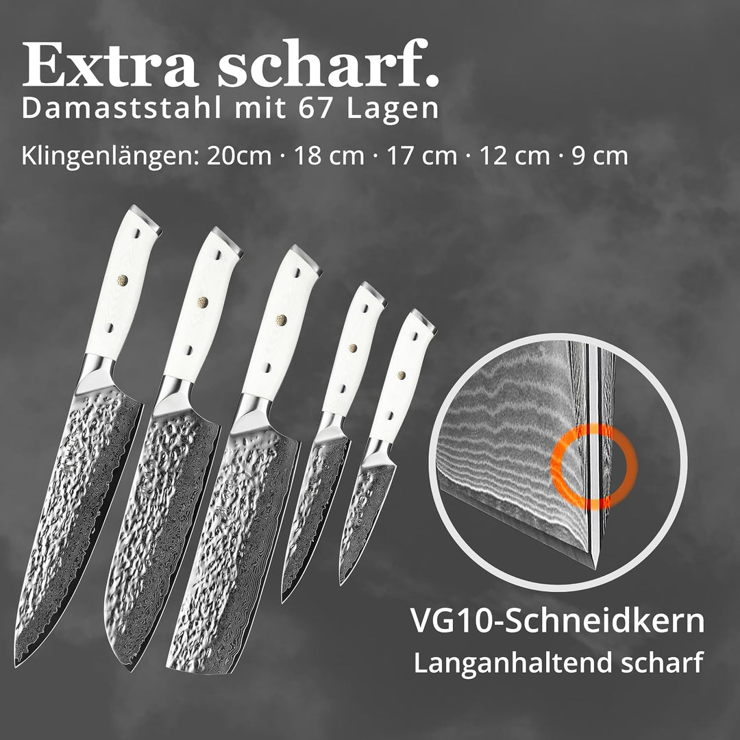 Wakoli Perle Blanche Damastmesser-Set mit Messerblock | 5-teilig, 9–20 cm Klingen aus 67 Lagen Damas