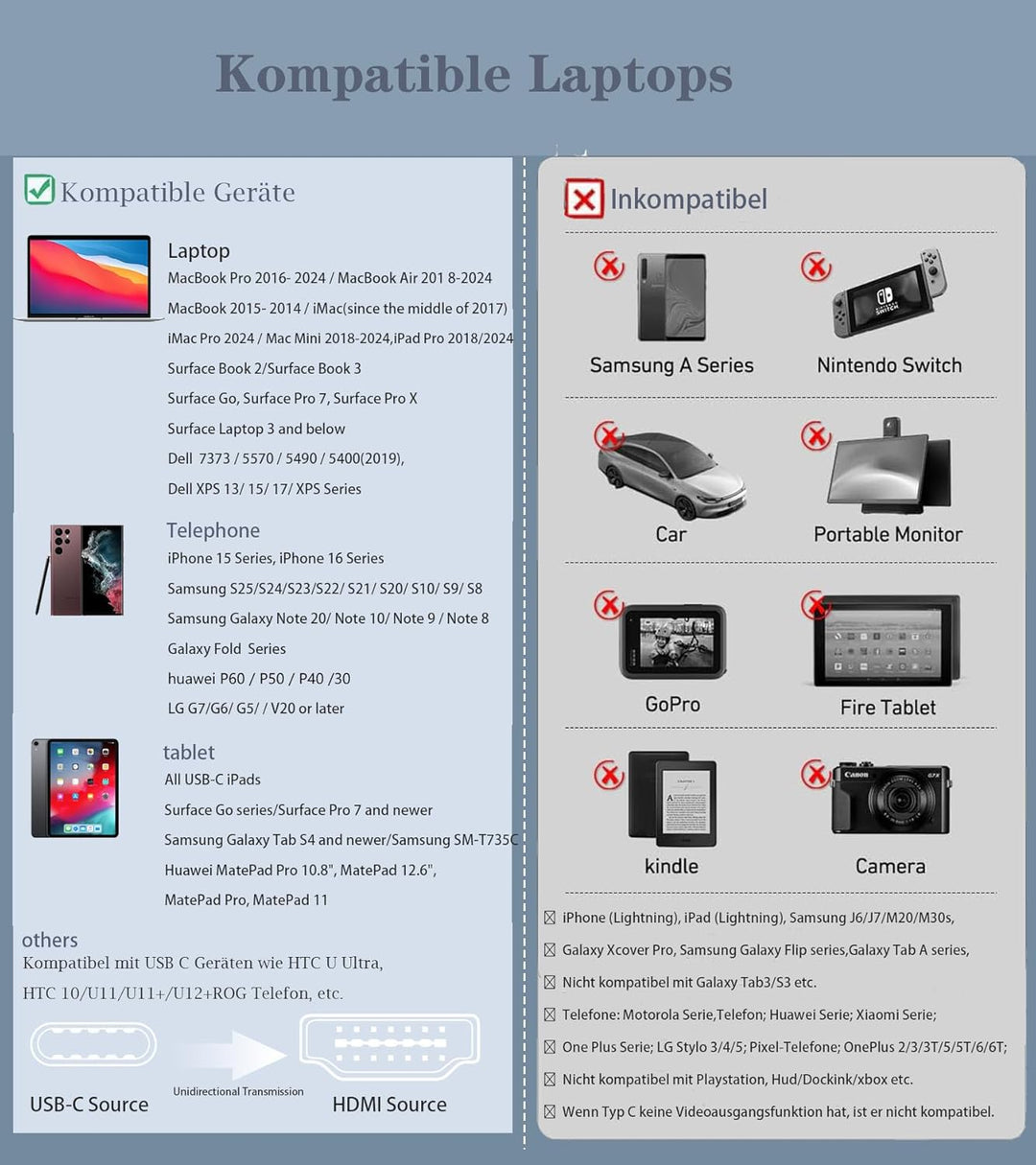 USB C auf HDMI Kabel 1.5M (4K@60Hz), USB Typ C zu HDMII 4K UHD Kabel Thunderbolt 5/4/3 Adapter Kompa