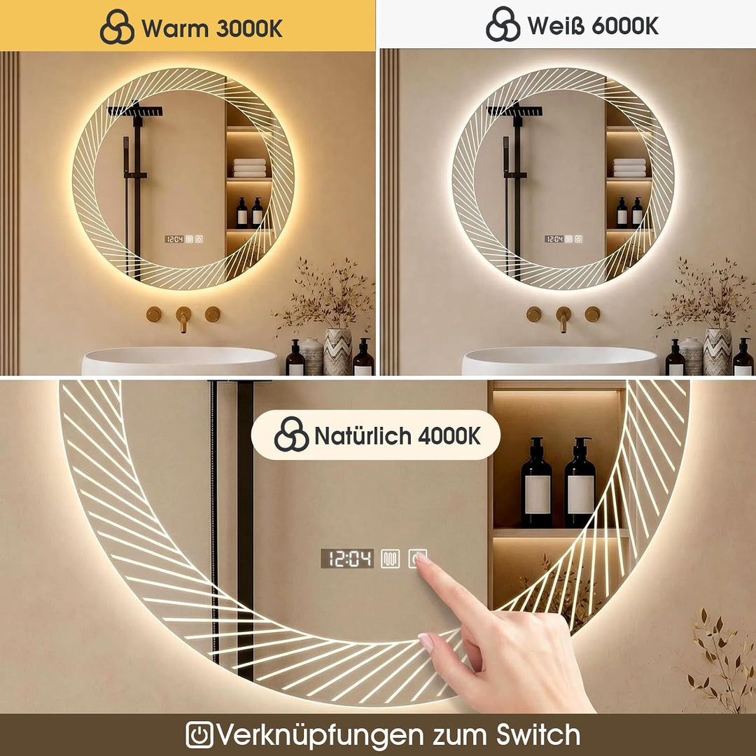 Badspiegel mit Beleuchtung, 60 cm Spiegel mit LED Licht | Zeit anzeigen Touch Schalter Temperaturanz