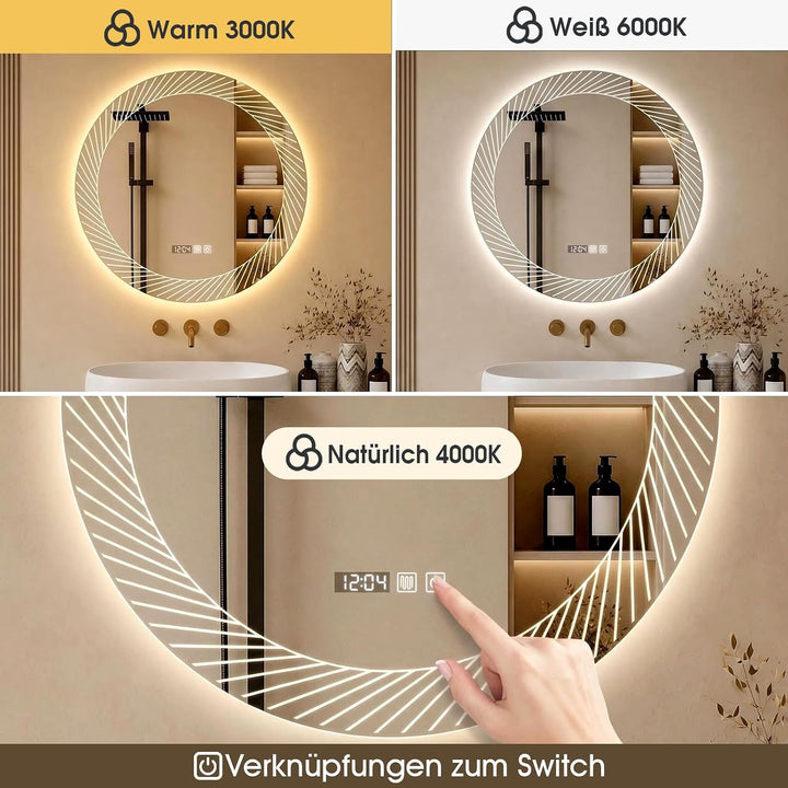 Badspiegel mit Beleuchtung, 60 cm Spiegel mit LED Licht | Zeit anzeigen Touch Schalter Temperaturanz