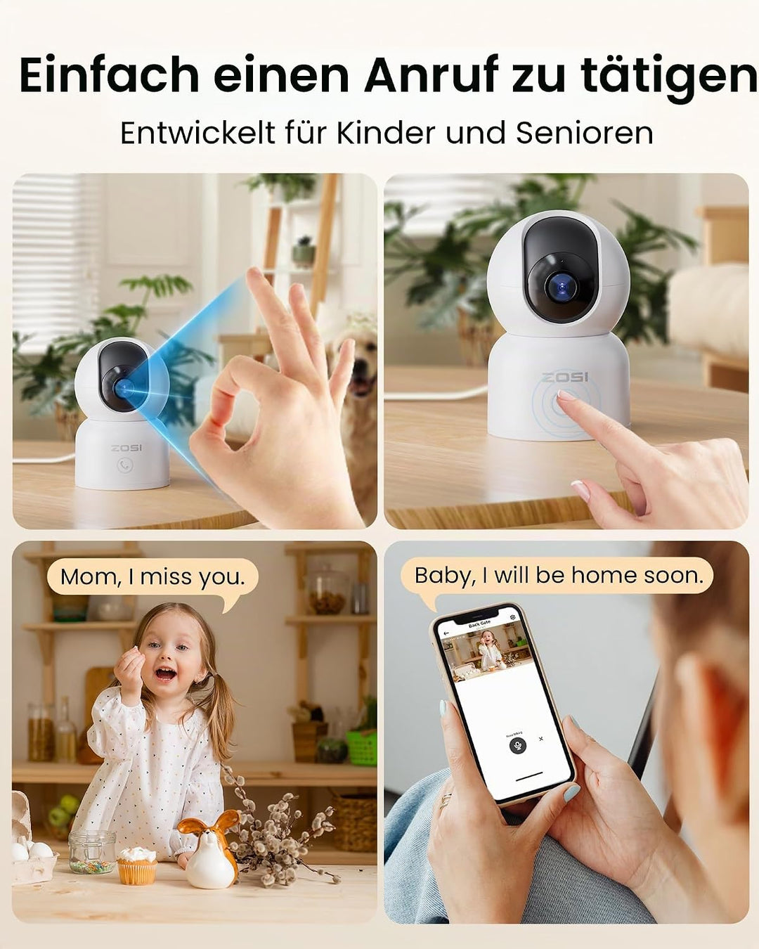 ZOSI 1080P WLAN Überwachungskamera Innen, 360° Schwenkbar IP Kamera Indoor mit EIN-Touch-Call für Ha