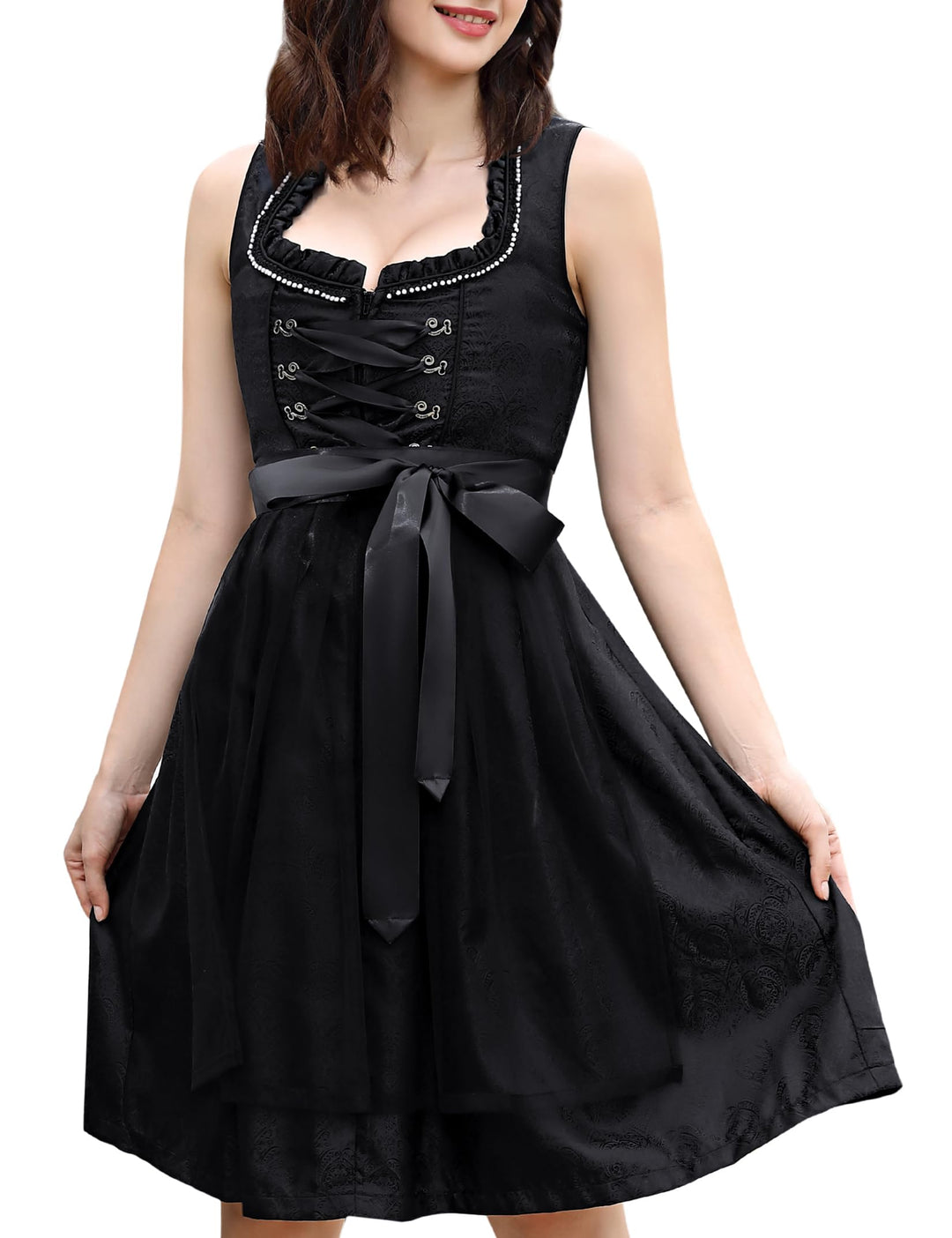 KOJOOIN Trachtenkleid Dirndl Kurz Damen Mid mit Spitzenschürze 2tlg. für Oktoberfest von Gr 34 bis 4