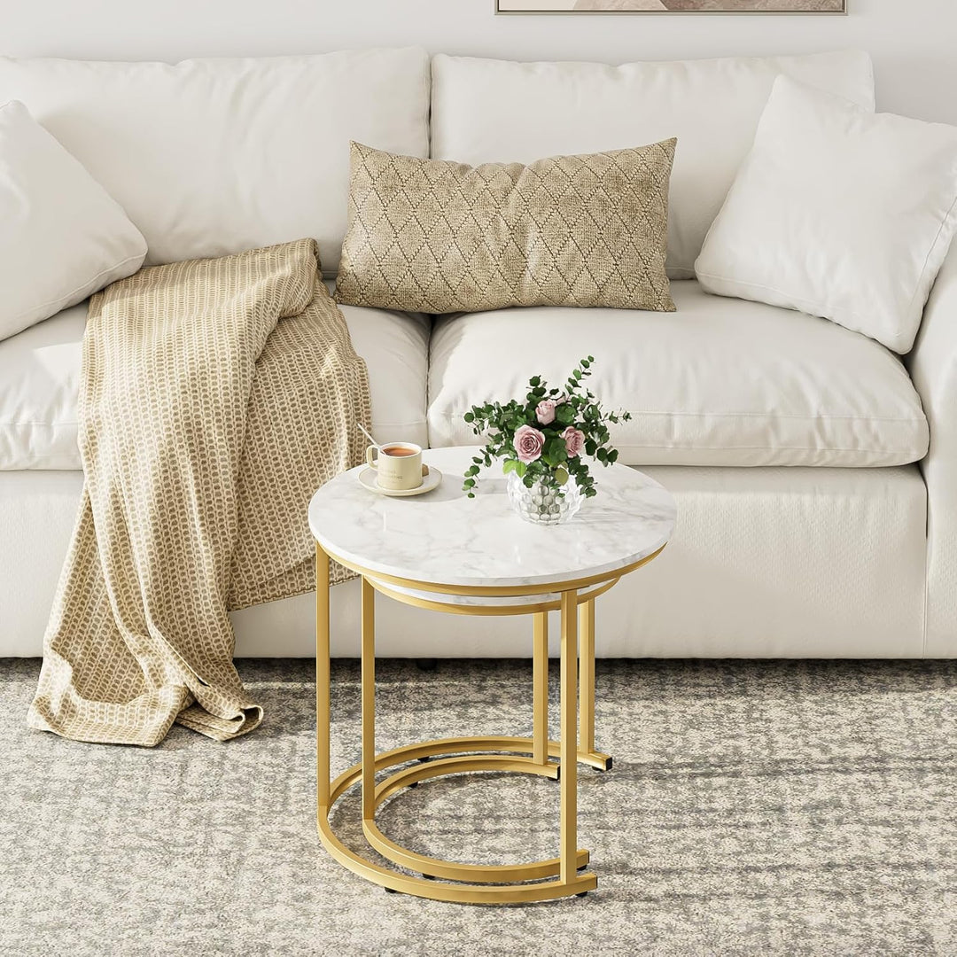HEYZOEY Couchtisch Rund 2er Set, Wohnzimmertisch, Beistelltische Gold Metall, Kaffeetisch für Sofati