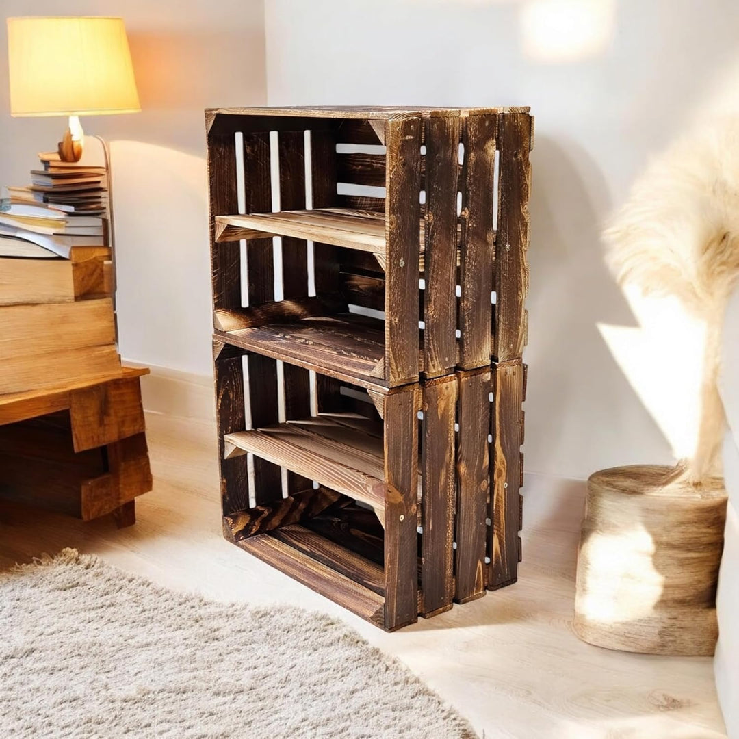 Teramico Holzkisten Obstkisten Weinkisten geflammt dunkel 50 x 40 x 30cm in tollen Set-Angeboten als