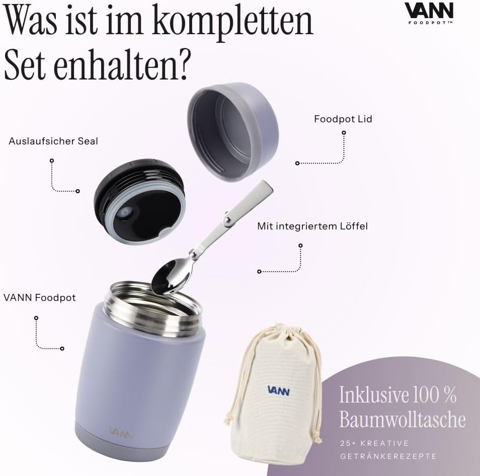 VANN Thermobecher für Essen 450 ml – Thermobehälter [16h kalt, 9h warm] – Recycelte Edelstahl Thermo