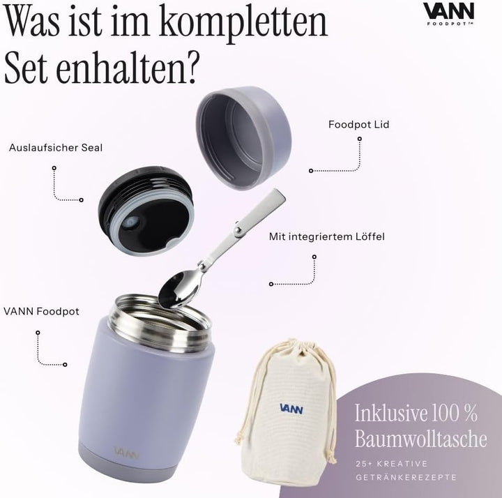 VANN Thermobecher für Essen 450 ml – Thermobehälter [16h kalt, 9h warm] – Recycelte Edelstahl Thermo