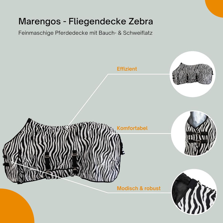 Marengos - Fliegendecke Zebra – feinmaschige Pferdedecke mit Bauch- & Schweiflatz – Schutz vor Insek