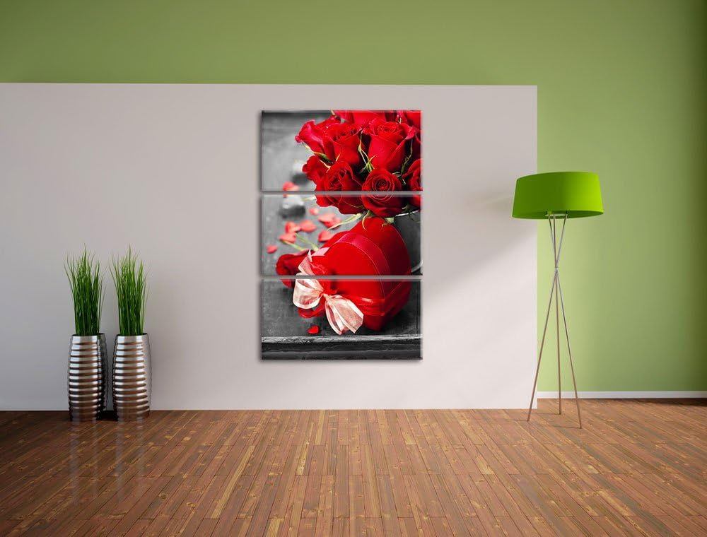 Valentinstag Rosen & Herz schwarz/weiss 3-Teiler Leinwandbild 120x80 Bild auf Leinwand, XXL riesige