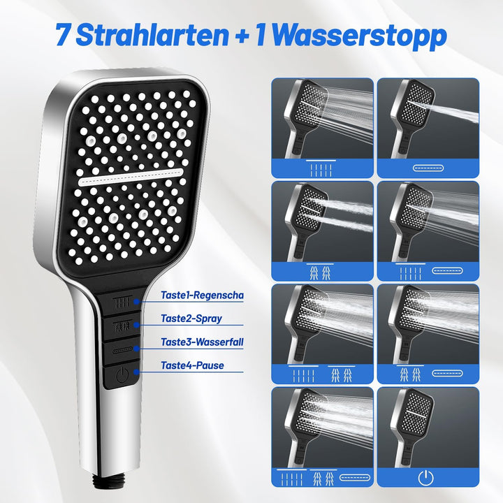 VEHHE Duschkopf Wassersparend, 7 Strahlarten Duschkopf Regendusche mit Stopptaste, Einhand-Einstellu