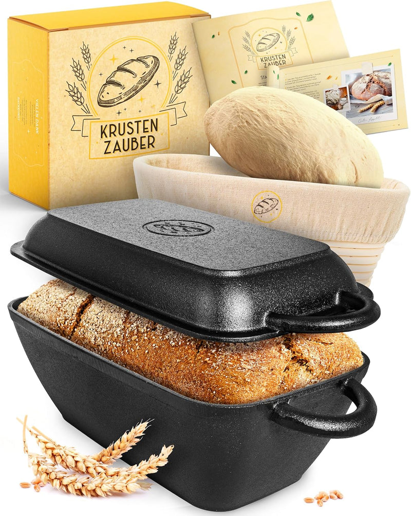 KRUSTENZAUBER 28cm Gusseisen Bräter mit Deckel backofengeeignet inkl. Gärkorb - eckiger Topf Brot Ba
