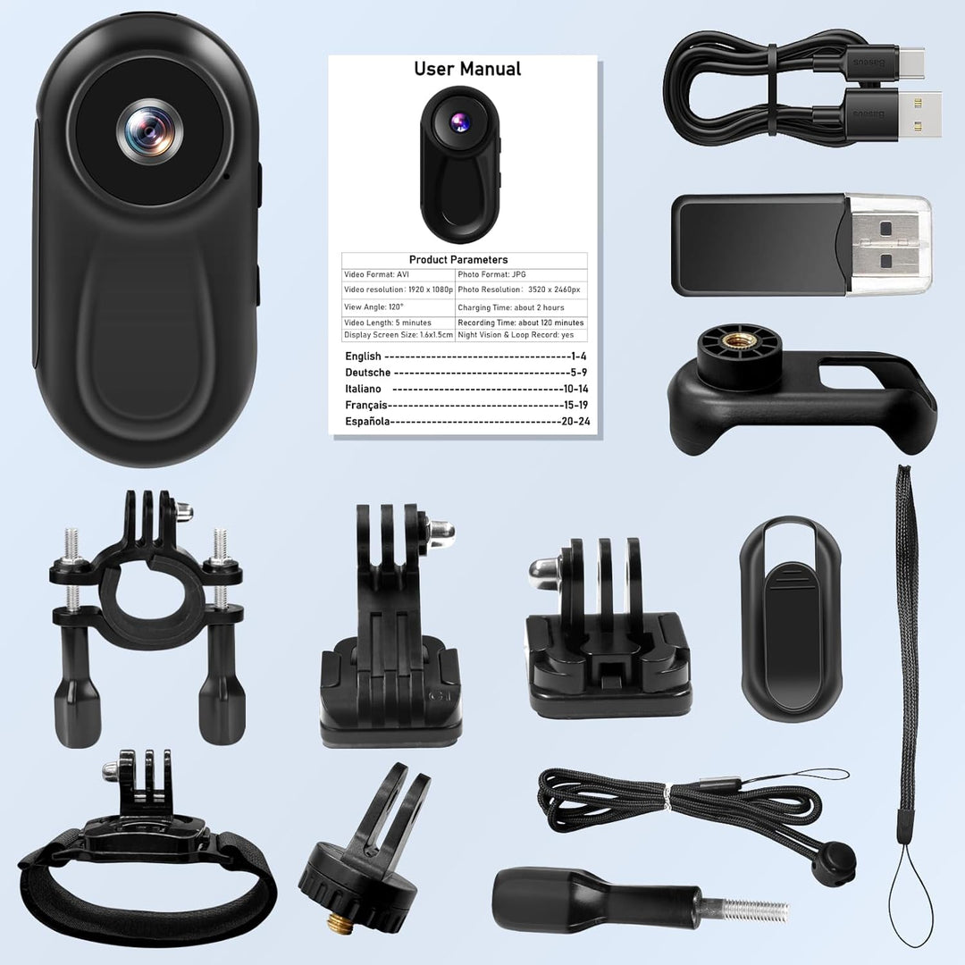 Mini Action Cam, 360°Tragbare Sportkamera mit 0,85-Zoll-Display, HD 1080P Bodycam Körperkamera Helm