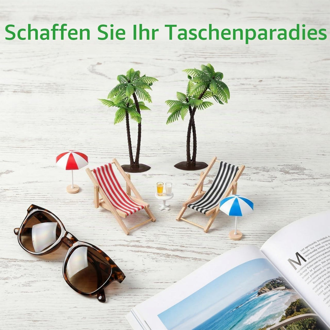 9 Stück Miniatur-Stranddeko Set: Palmen, Sonnenschirme, Liegestühle, Getränke Und Runder Tisch Für D