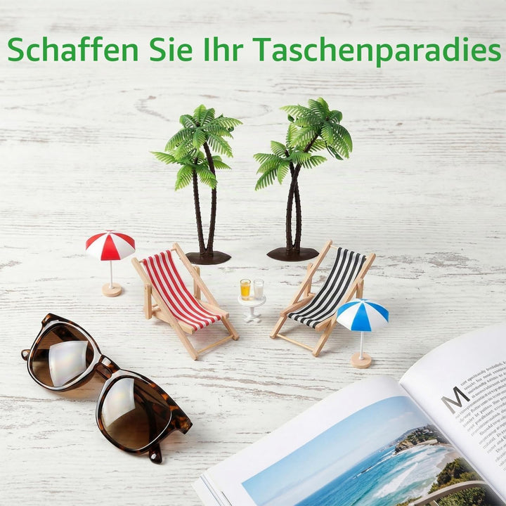 9 Stück Miniatur-Stranddeko Set: Palmen, Sonnenschirme, Liegestühle, Getränke Und Runder Tisch Für D