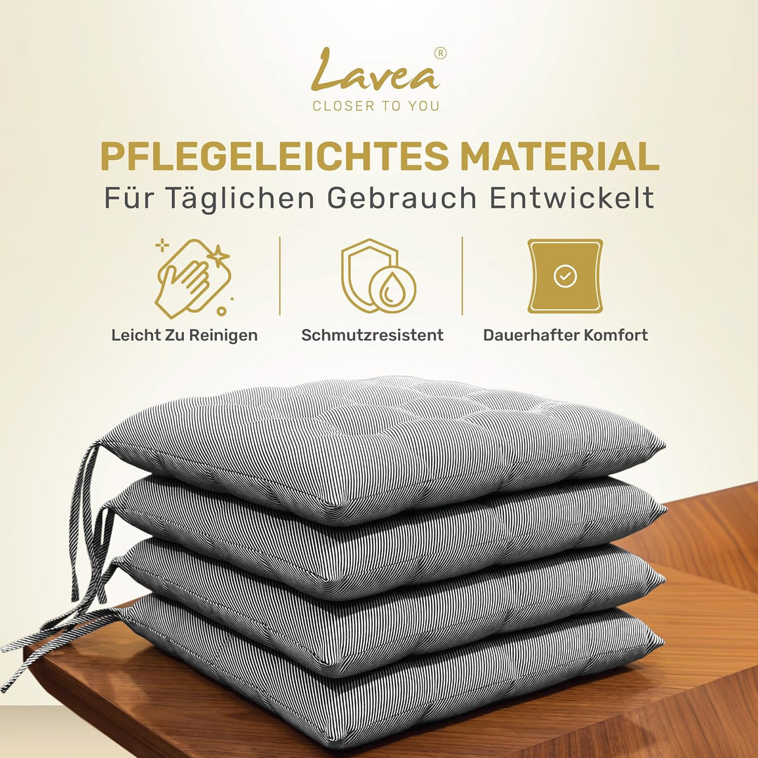Lavea® Sitzkissen &amp; Stuhlkissen 40x40 cm – 4er Set – mit Stoffbändern – Outdoor &amp; Indoor – waschbar