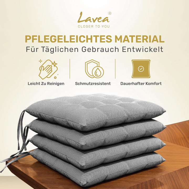 Lavea® Sitzkissen &amp; Stuhlkissen 40x40 cm – 4er Set – mit Stoffbändern – Outdoor &amp; Indoor – waschbar