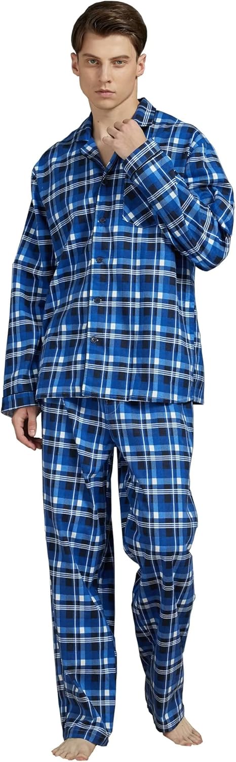 Amaxer Flanell Schlafanzug Herren 100% Baumwolle Pyjama mit Knopfleiste Set Lang Warmer Winter Schla