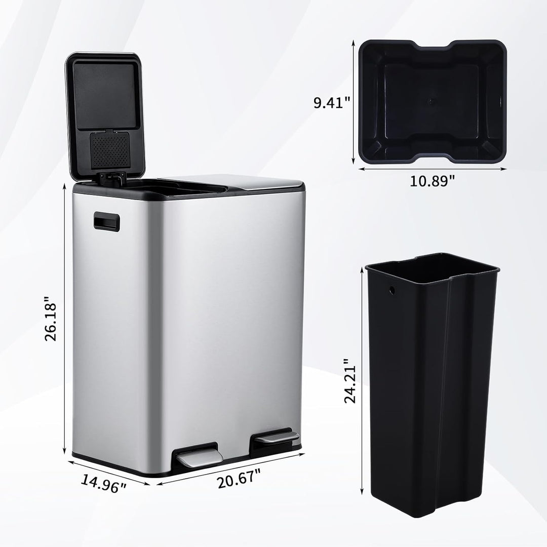 Mülleimer Küche,2 x 30L Mülltrennsystem Edelstahl Mülleimer 2 fächer tretmülleimer Doppeldeckel müll