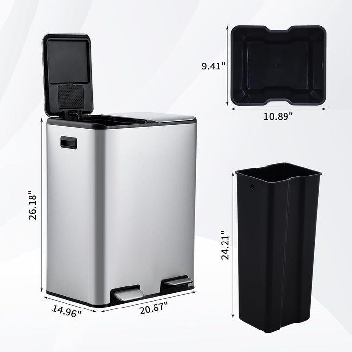 Mülleimer Küche,2 x 30L Mülltrennsystem Edelstahl Mülleimer 2 fächer tretmülleimer Doppeldeckel müll