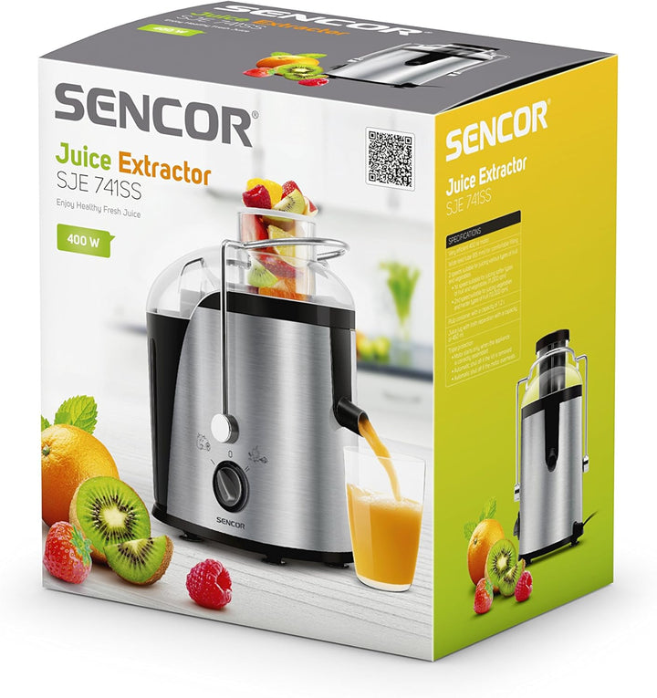 SENCOR SJE 741SS Entsafter Gemüse und Obst (400 Watt, BPA Frei, 2 Geschwindigkeiten) edelstahl Silbe