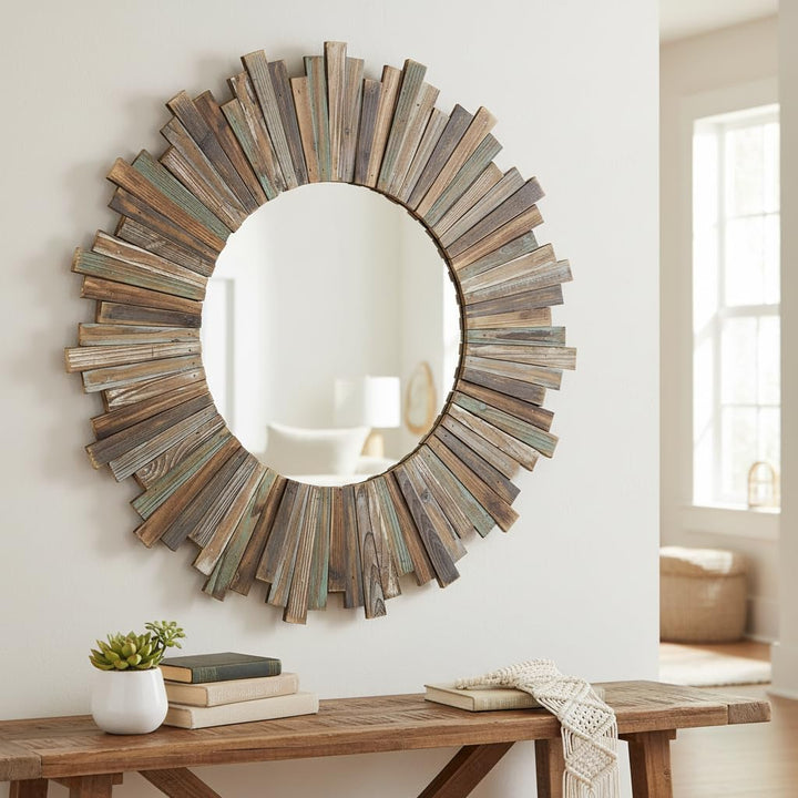 Melko Wandspiegel rund 90 cm Shabby Chic Spiegel Hängespiegel Flurspiegel