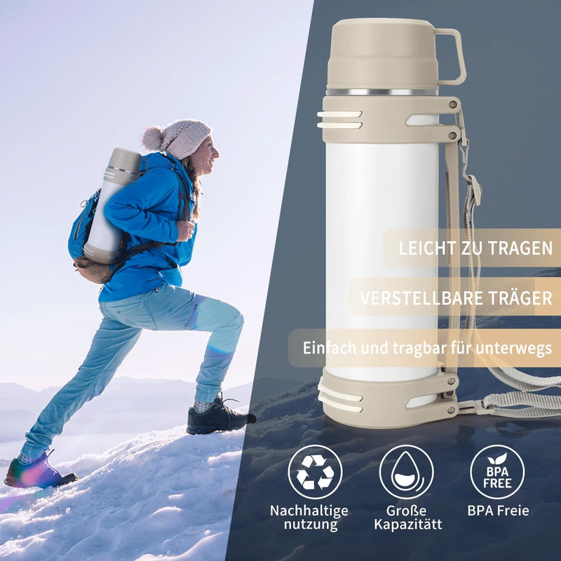 Thermosflasche 1,2L, Thermoskanne mit 2 Becher, Doppelwand aus Edelstahl Isolierflasche, Auslaufsich